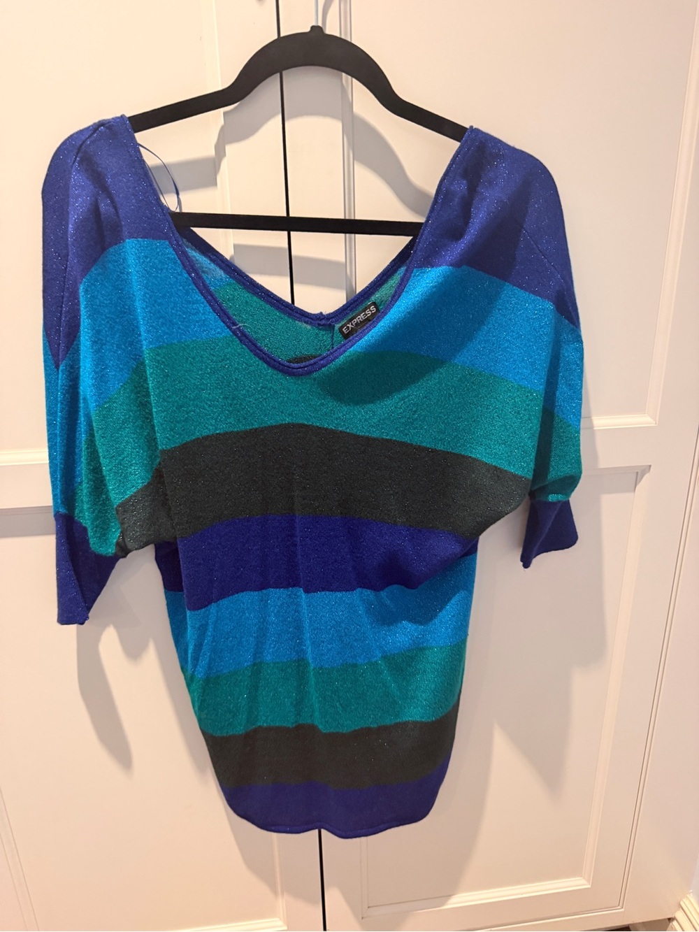 Express Shimmery Striped V-Neck Top - Blue, Teal, Black